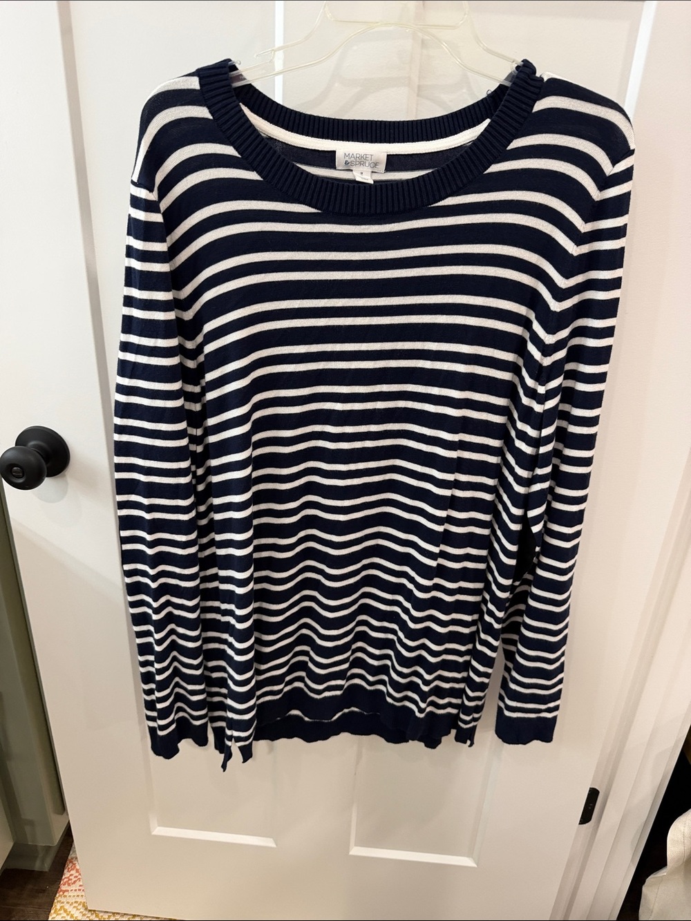 Market & Spruce Navy & White Striped Crewneck Sweater